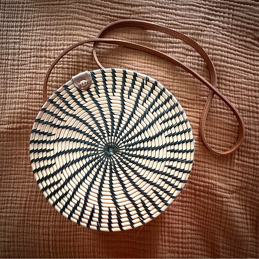 Balinese Woven Round Bag with Tan Strap and floral fabric lining